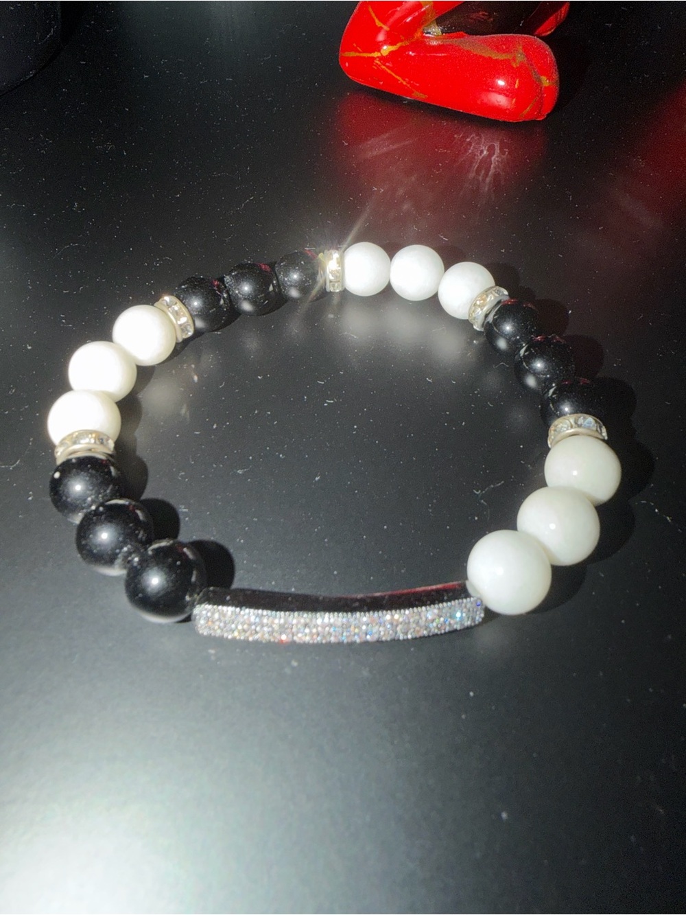 Authentic Onyx & White Quartz Beads 10 mm Beaded Bracelet /Rhinestone Accent